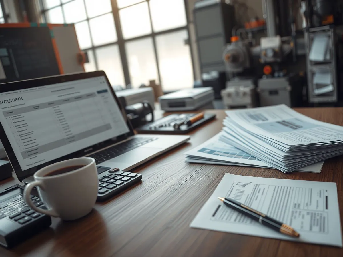 价格条款协商服务场景，办公桌上有笔记本电脑、计算器、报价单和咖啡杯